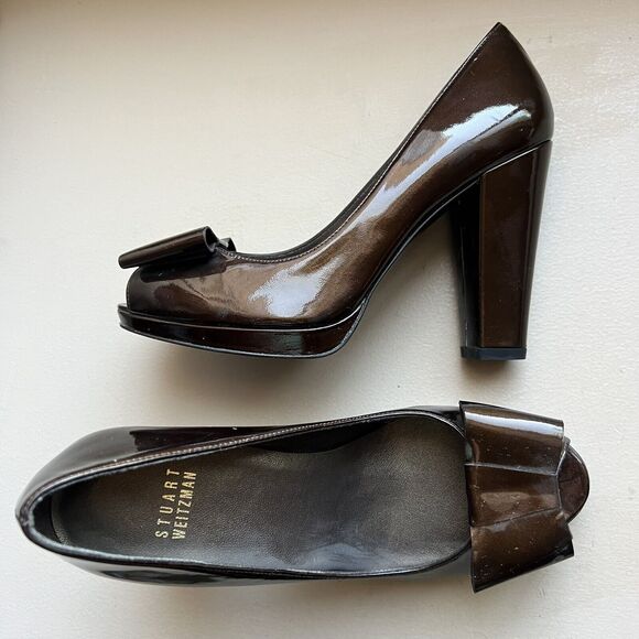 Stuart Weitzman Brown Patent Leather Bow Block Heel Pumps Peep Toe Women 6.5 - Picture 1 of 16